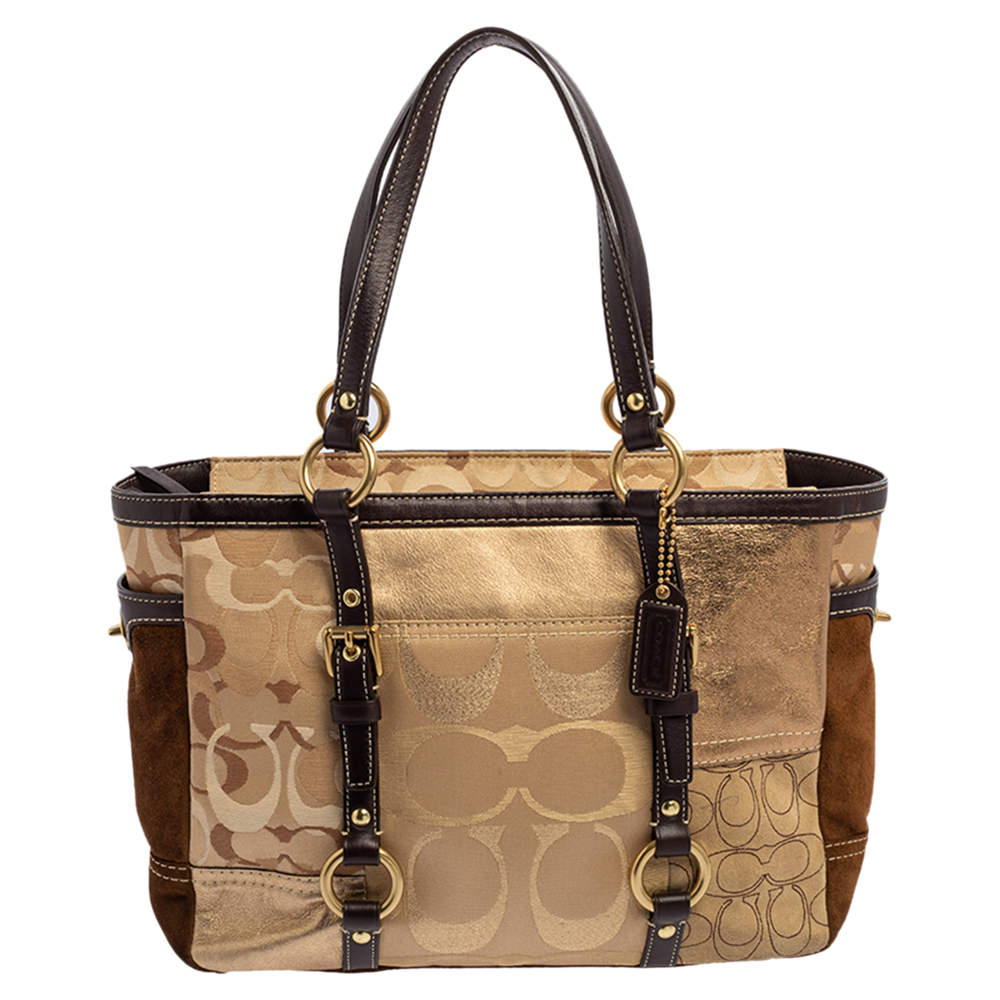 Coach Gold Signature Canvas, Suede and Leather Patchwork Tote