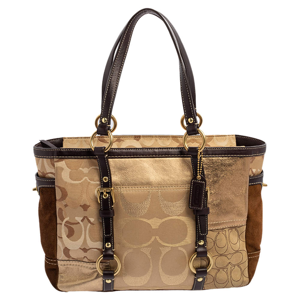 Pre Owned Coach Gold Signature Canvas, Suede and Leather Patchwork Tote