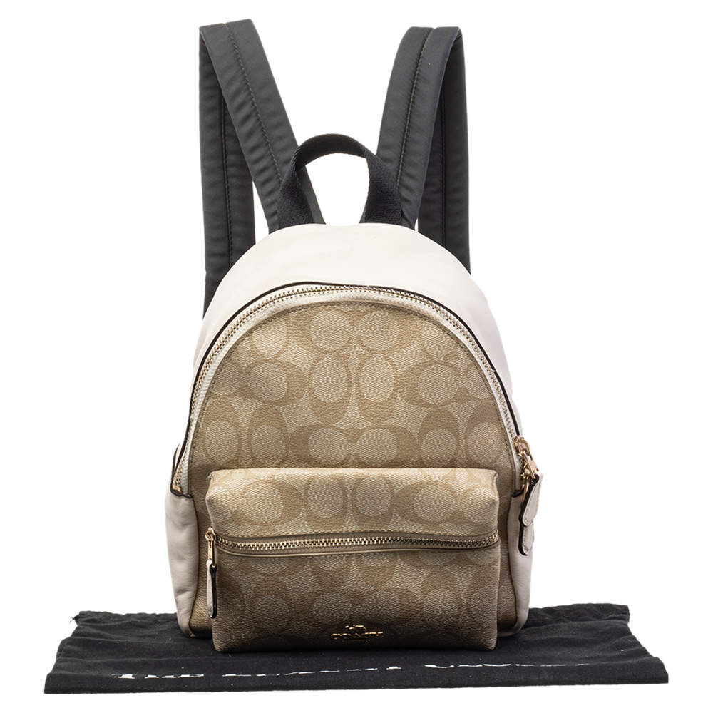 Coach Beige Cream Signature Coated Canvas And Leather Mini Charlie Backpack Coach TLC