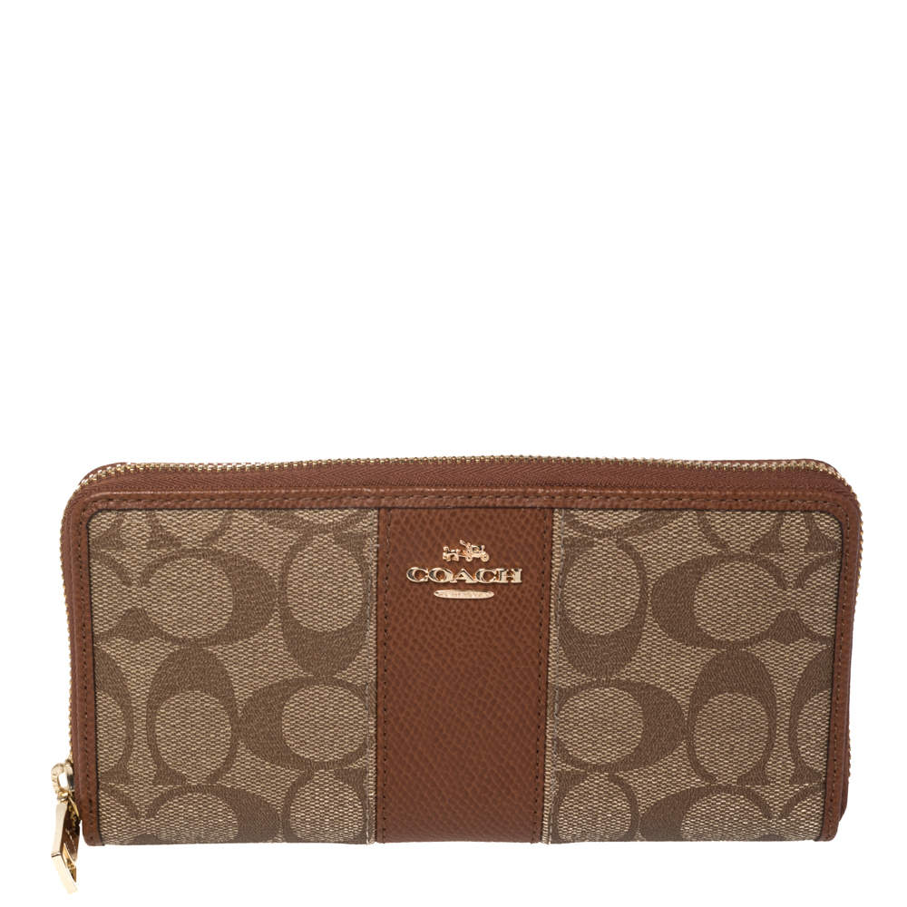 Pre Owned  Coach Beige/Brown Signature Coated Canvas and Leather Accordion Zip Around Wallet