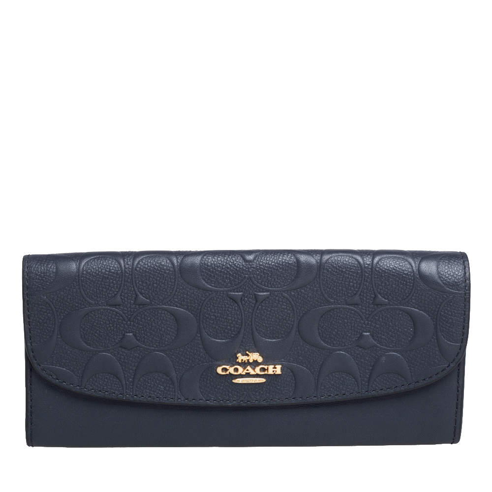 Pre Owned Coach Navy Blue Signature Leather Continental Wallet