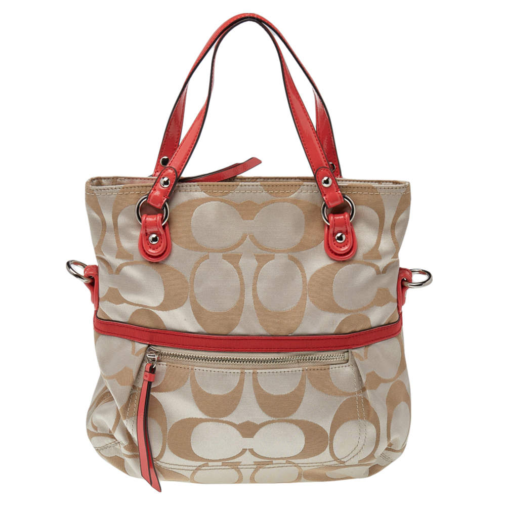 مملوكة مسبقًا Coach Red/Beige Signature Canvas Poppy Glam Tote