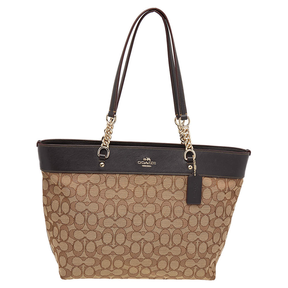 Coach Beige/Brown Signature Canvas and Leather Sophia Chain Tote