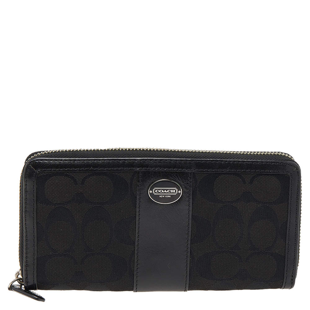 Coach Black Signature Canvas and Leather Zip Around Wallet