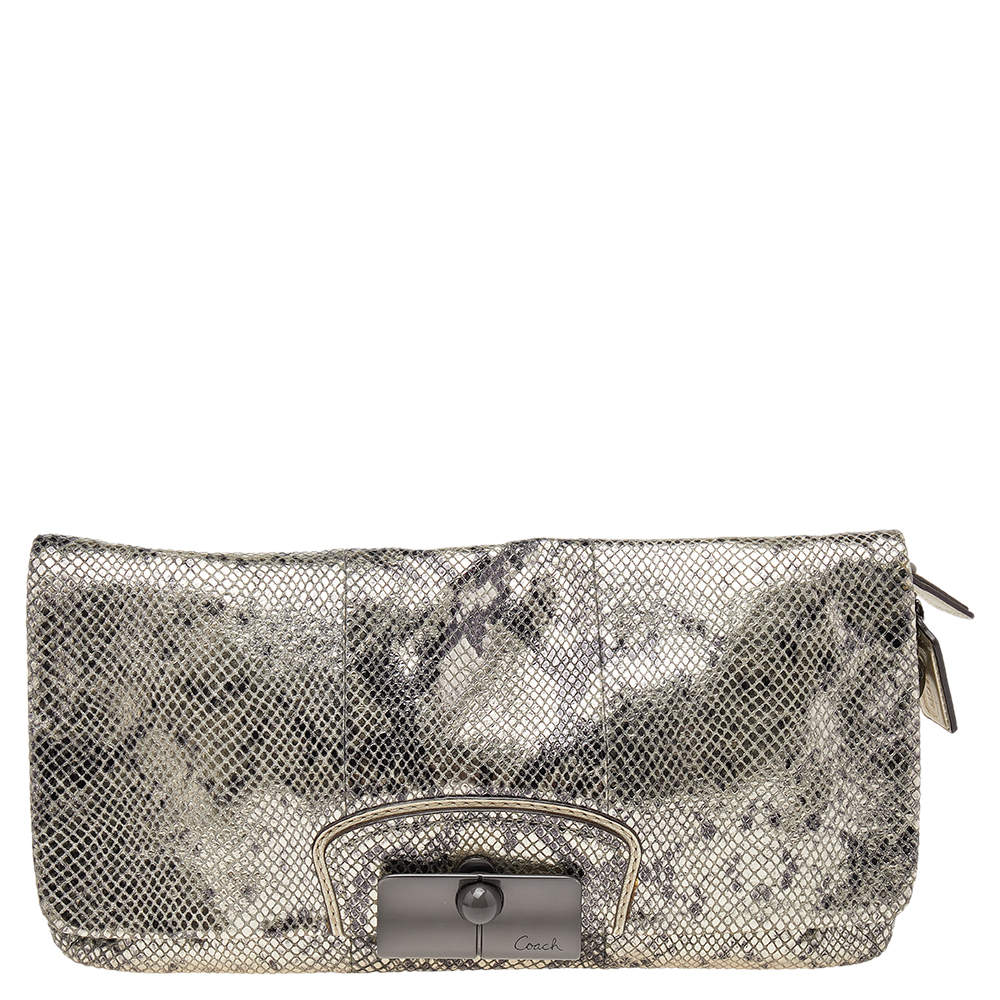 Coach Metallic Silver/Black Python Embossed Leather Flap Clutch