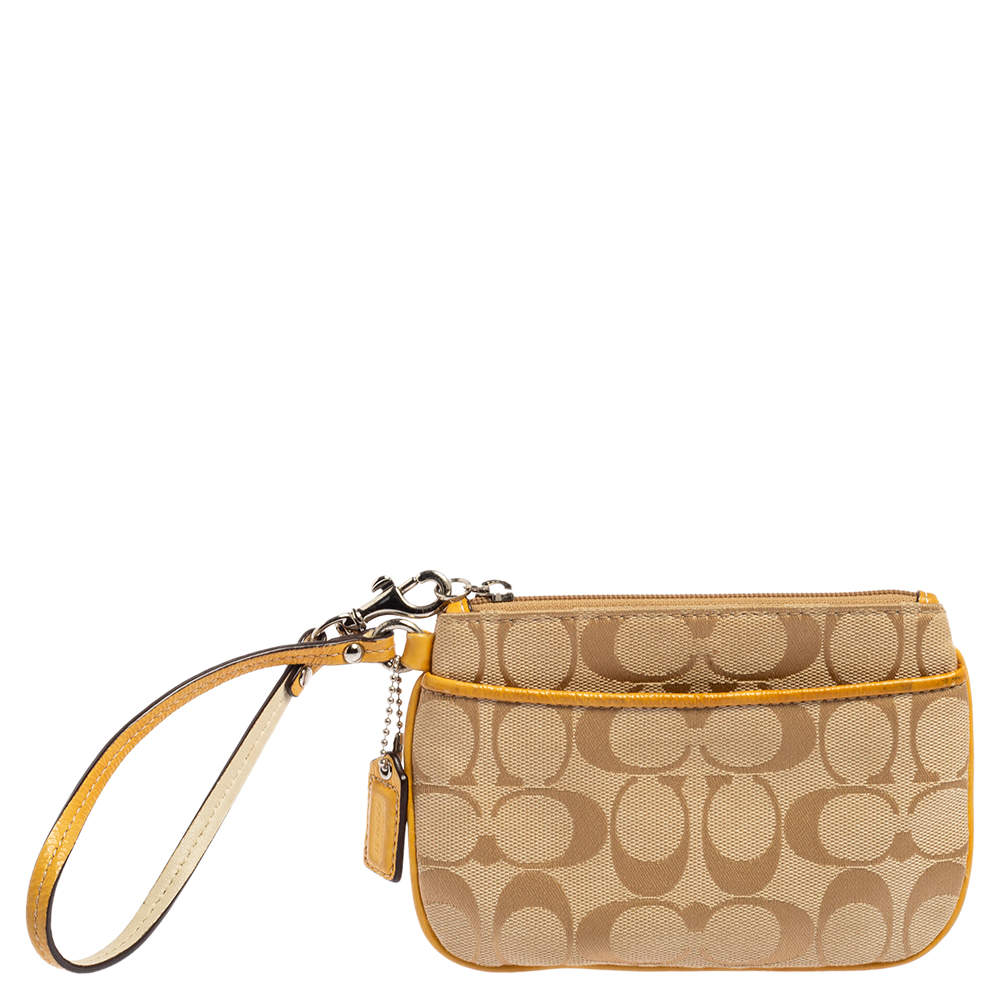 Coach Beige/Yellow Signature Canvas and Leather Wristlet Pochette