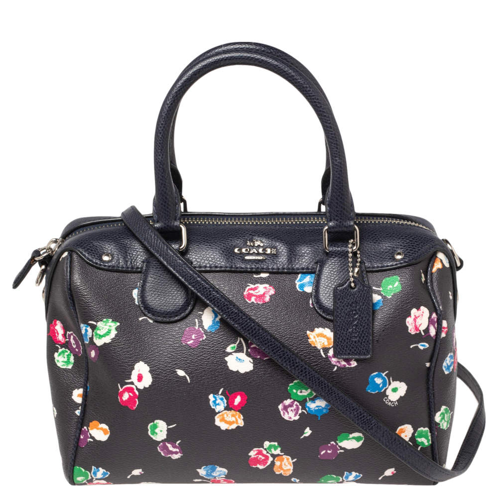 Pre Owned Coach Navy Blue/Black Floral Print Coated Canvas and Leather Mini Bennett Satchel