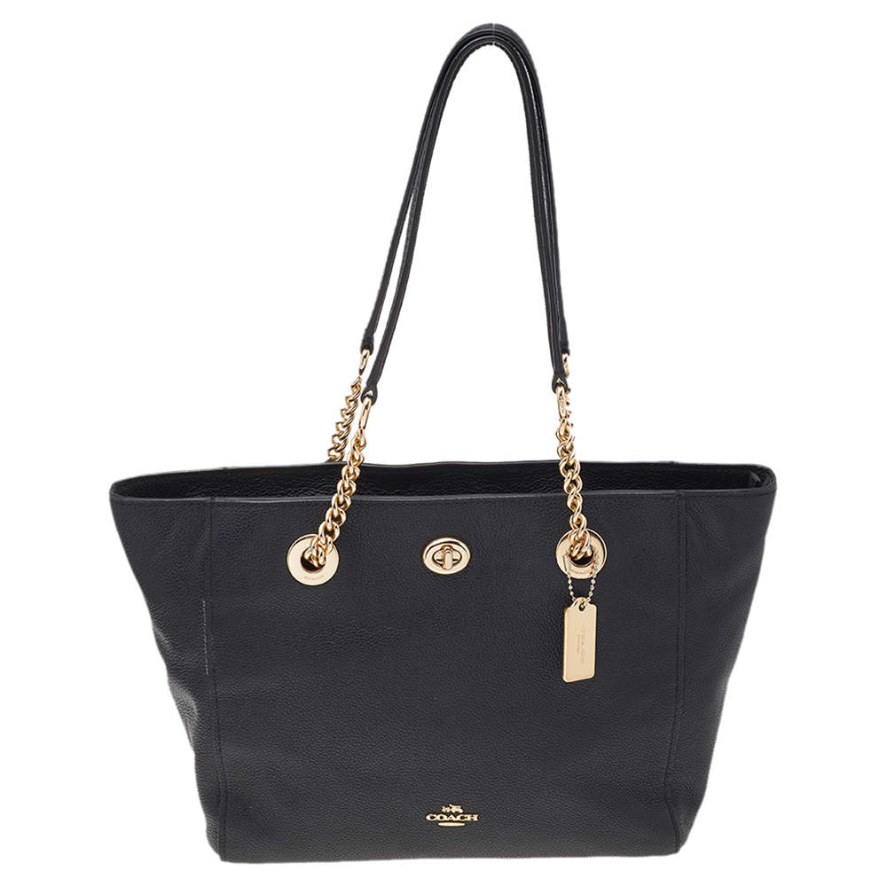 Pre Owned Coach Black Leather Turnlock Chain Tote