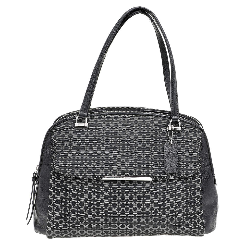 Coach Black Signature Canvas And Leather Double Top Zip Satchel
