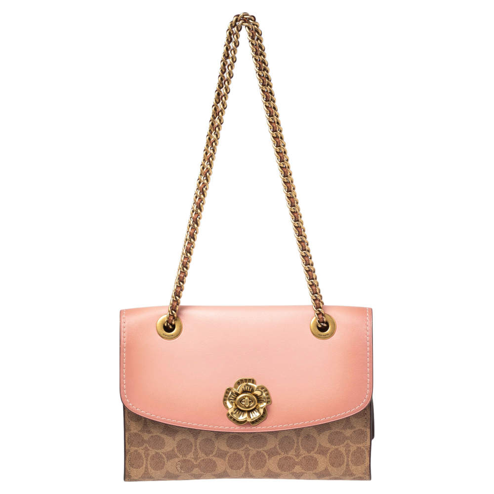 Pre Owned Coach Pink/Beige Leather and Coated Canvas Parker Shoulder Bag