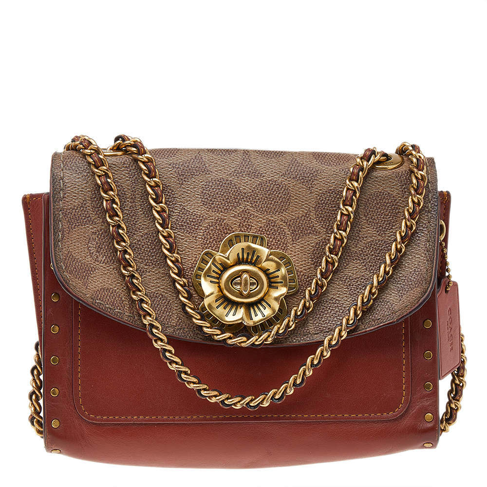Pre Owned Coach Brown Signature Canvas And Tan Leather Parker Shoulder Bag