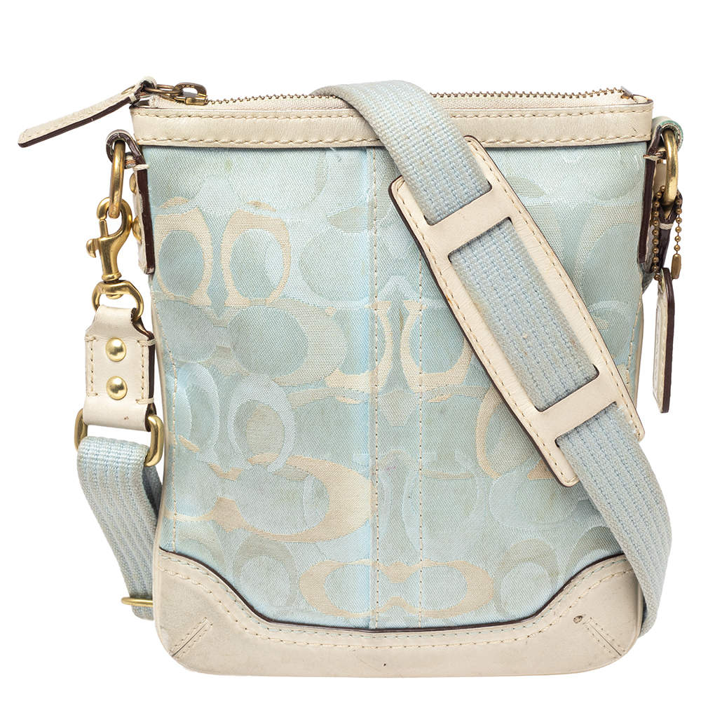 Pre Owned Coach Blue/White Signature Canvas and Leather Crossbody Bag