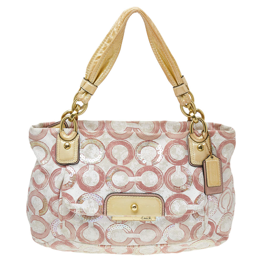 Coach Pink Sequin Signature Canvas And Leather Kristin Tote