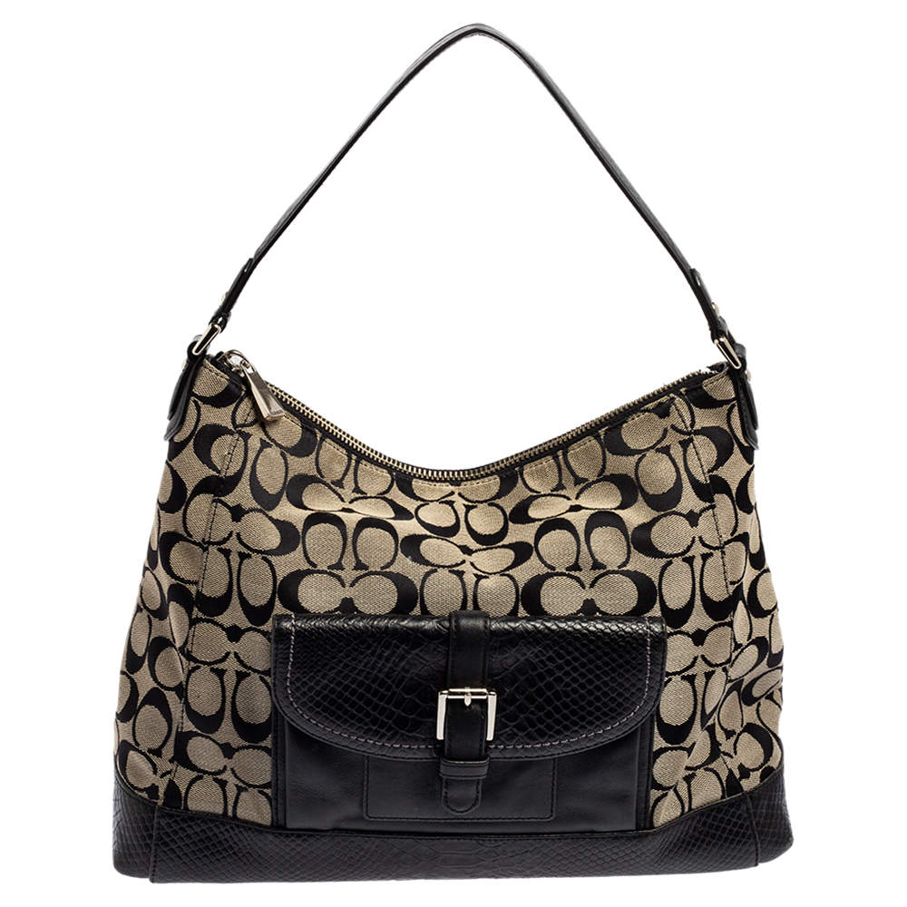 Pre Owned حقيبة هوبو كوتش كانفاس بالشعار وجلد نقشة الثعبان بيج/أسود