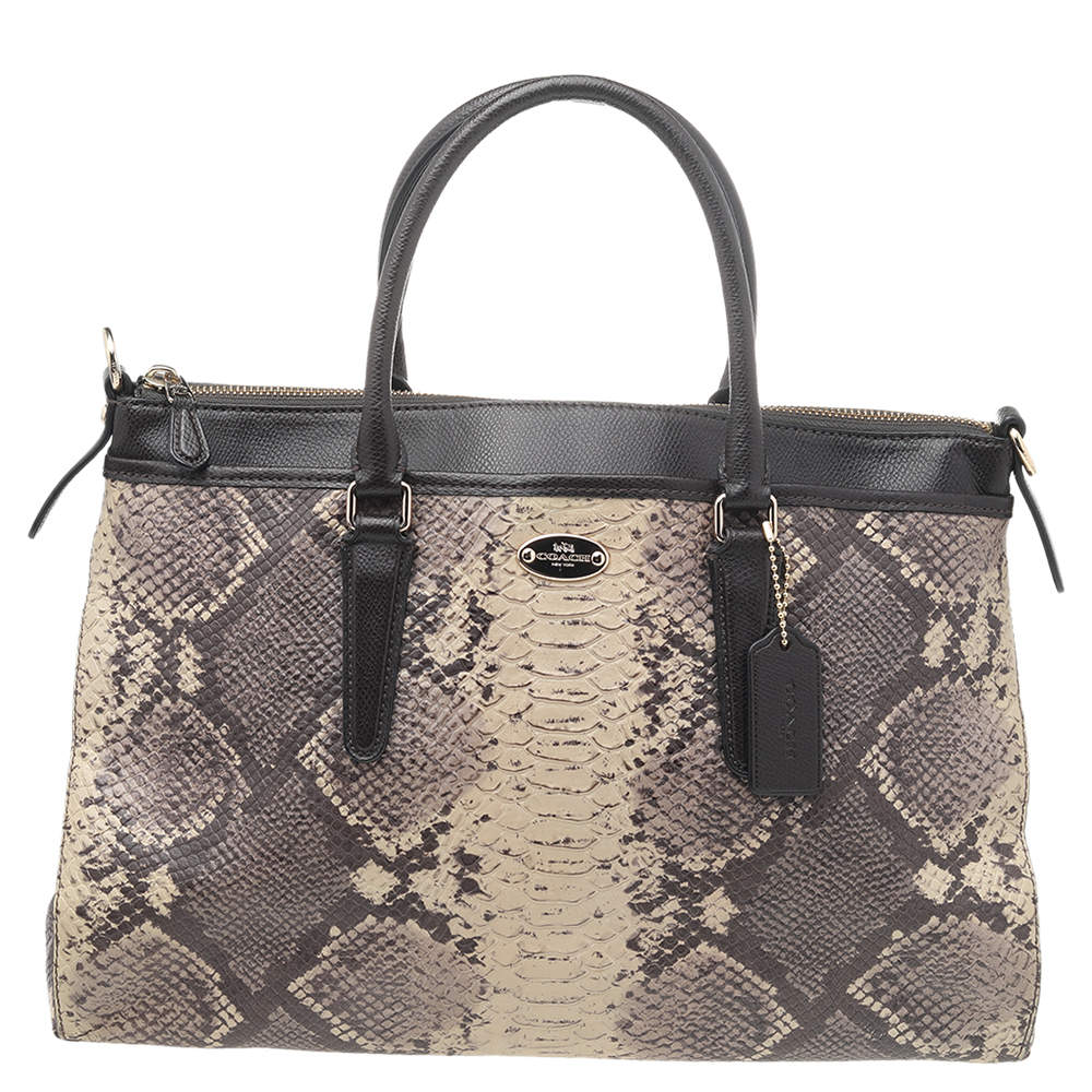 Coach Beige/Dark Brown Python Embossed Leather And Leather Morgan Tote