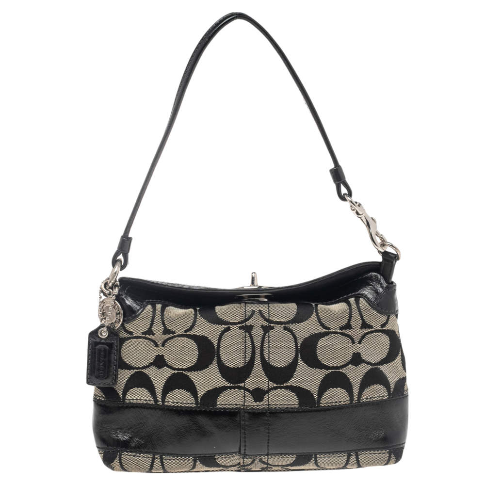 Coach Beige/Black Signature Canvas and Patent Leather Baguette