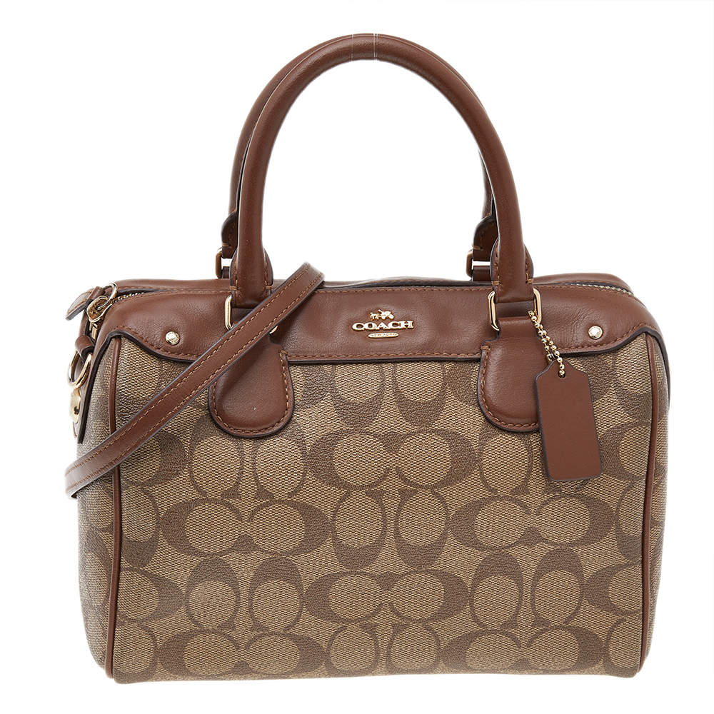 Coach Brown/Beige Signature Coated Canvas And Leather Carryall Boston Bag  Coach