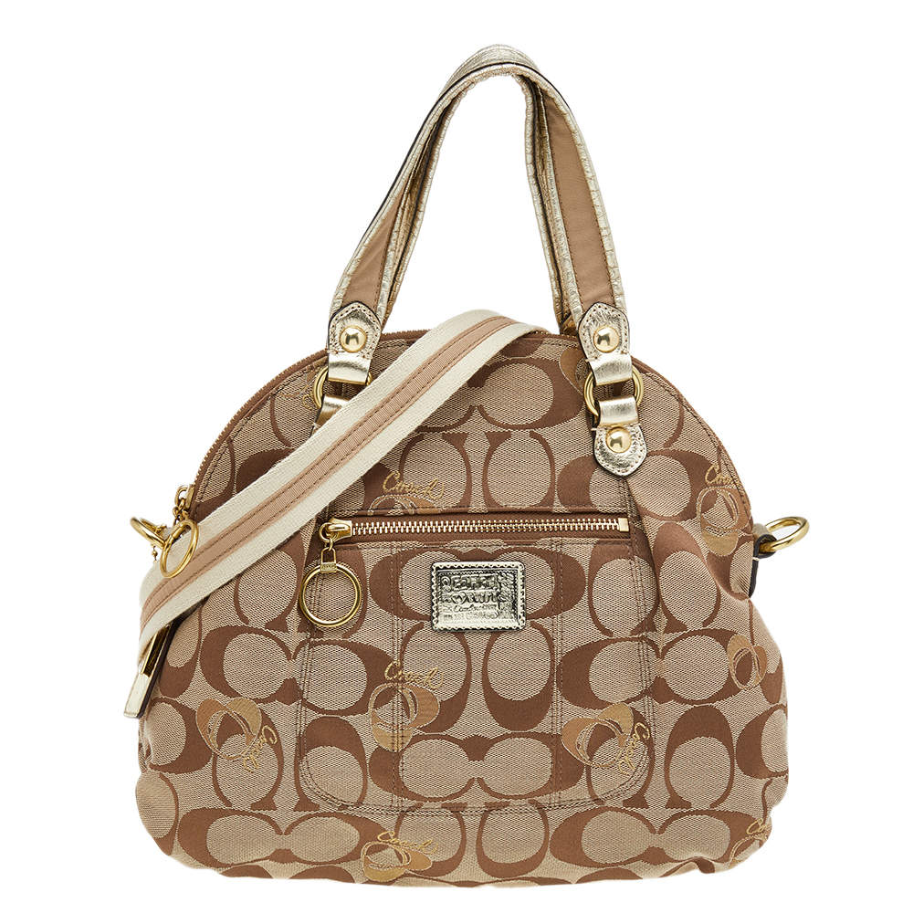 Pre Owned Coach Beige/Gold Leather And Signature Canvas Poppy Satchel