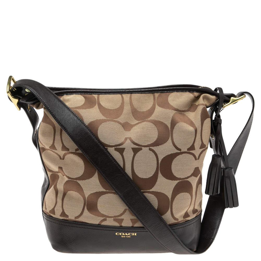 Pre Owned Coach Dark Brown/Beige Signature Canvas and Leather Legacy Hobo