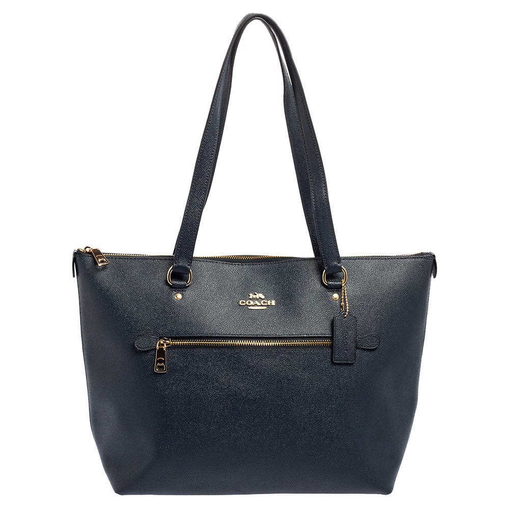 Pre Owned Coach Dark Blue Grainy Leather Gallery Tote