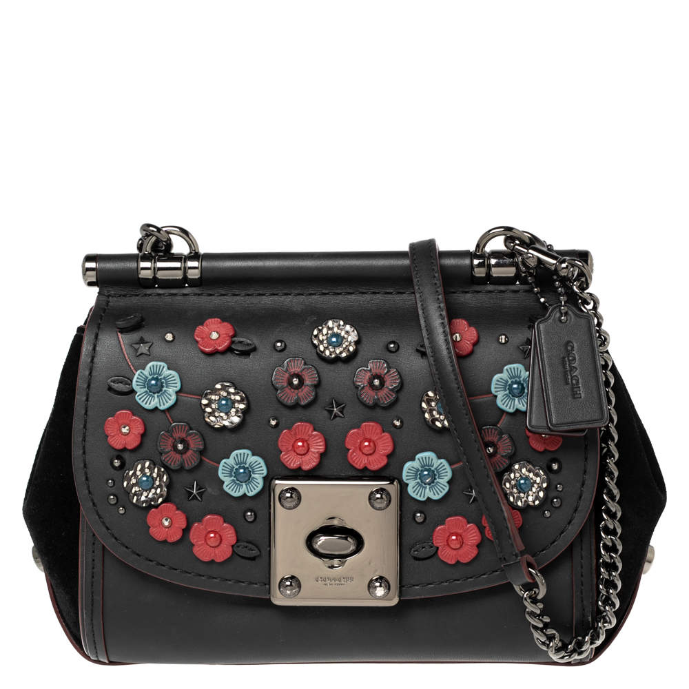 Coach Black Leather and Suede Willow Floral Applique Drifter Shoulder Bag