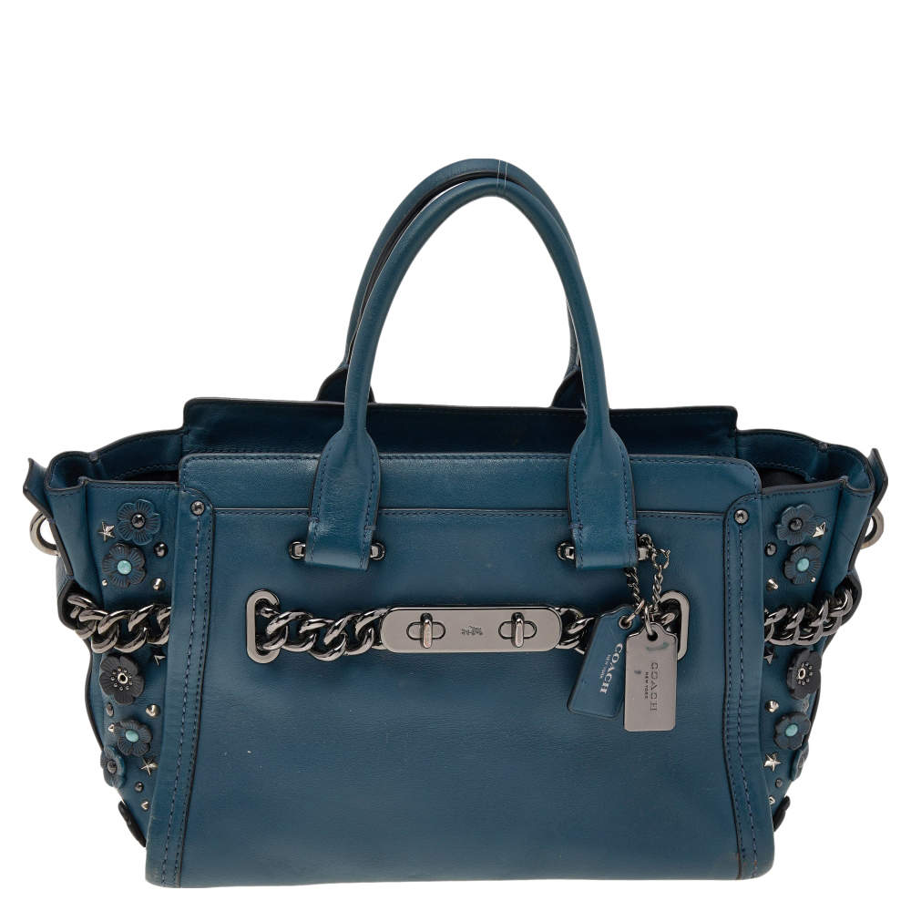 Coach Blue Patch Embellished Leather Swagger 27 Carryall Satchel Coach ...