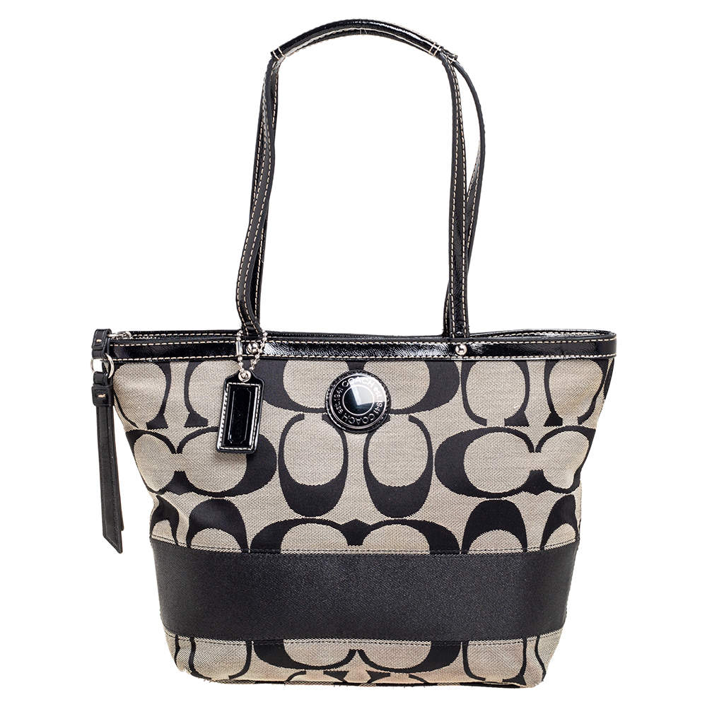 Coach Black/Grey Signature Canvas and Patent Leather Tote