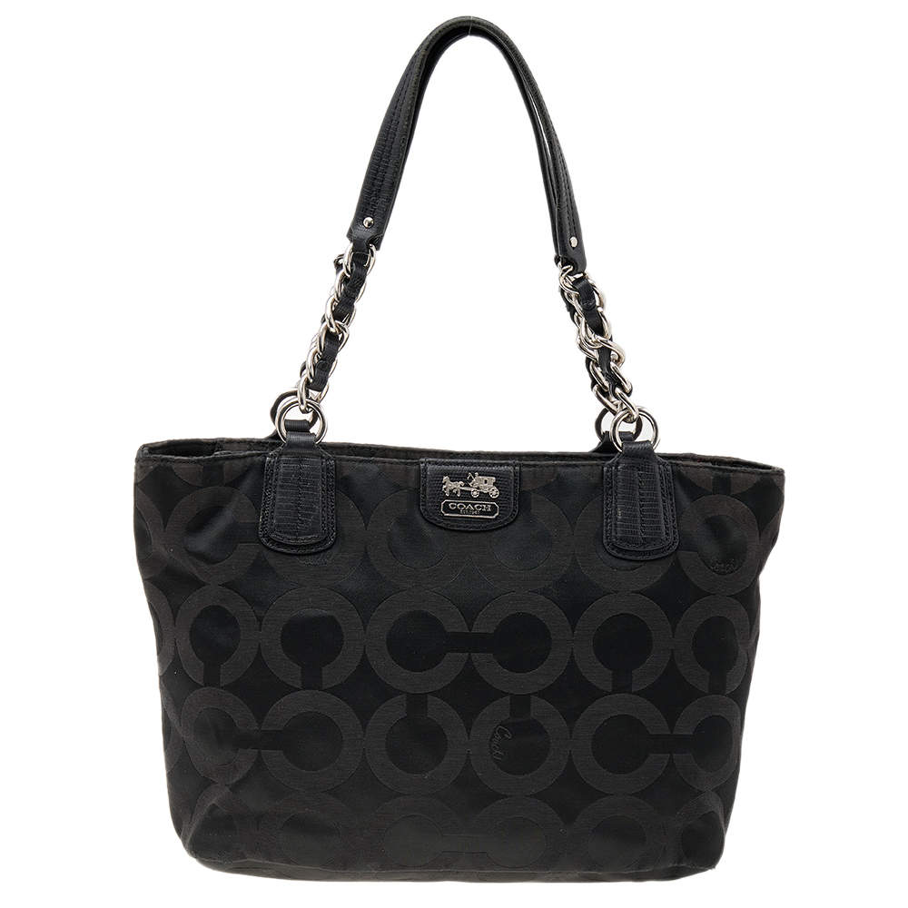 Pre Owned Coach Black Signature Nylon Mia Opaque Chain Tote