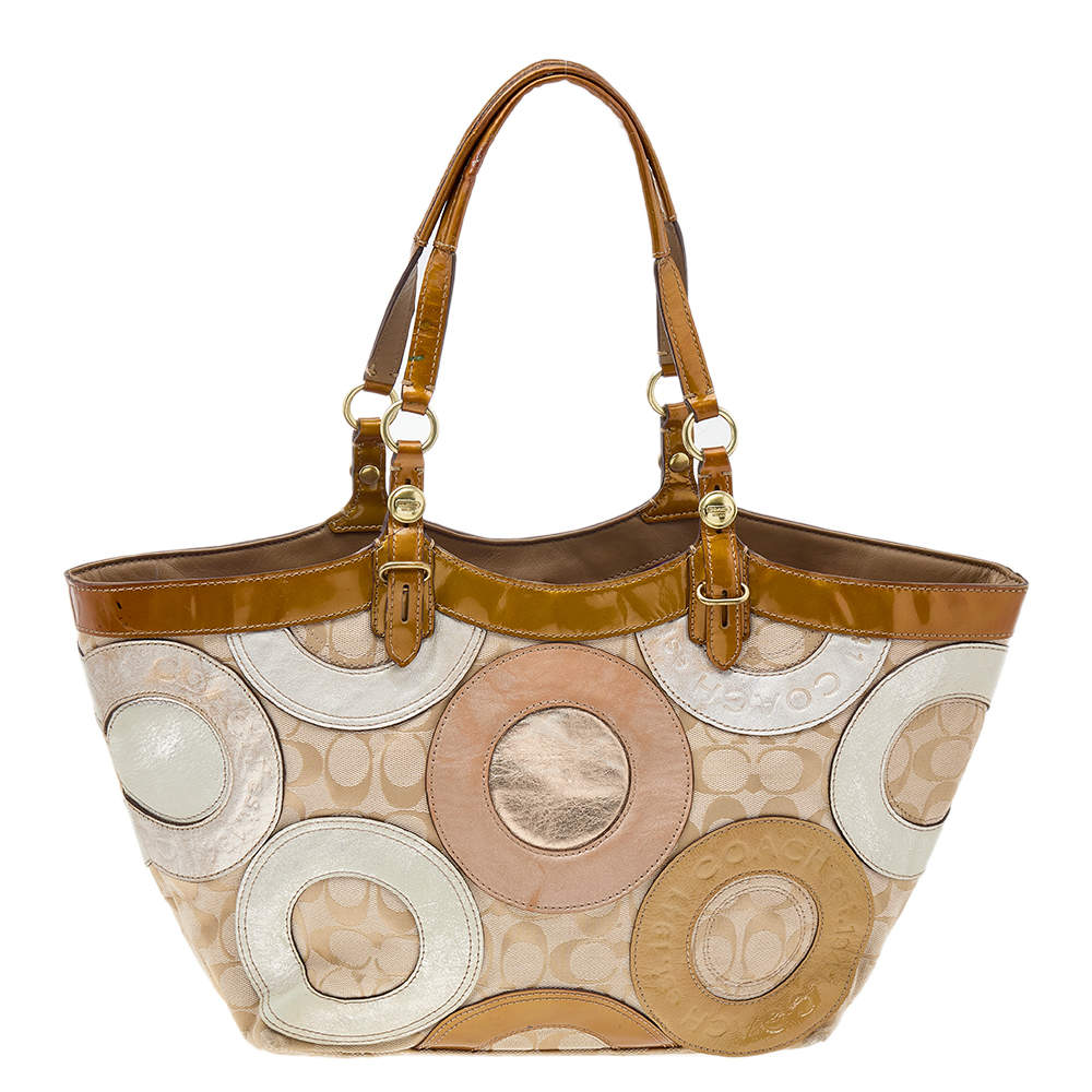 Pre Owned Coach Multicolor Signature Canvas and Patent Leather Pieced Patchwork Carly Tote