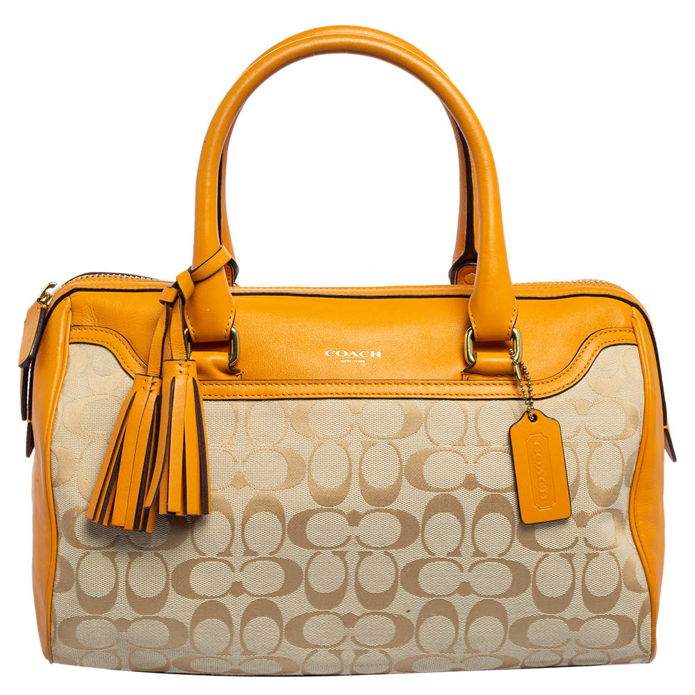 Pre Owned Coach Beige/Mustard Yellow Signature Canvas And Leather Legacy Haley Satchel