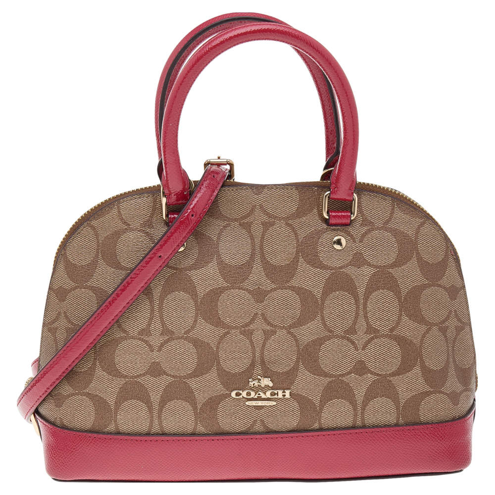 Pre Owned Coach Beige/Red Signature Coated Canvas and Patent Leather Mini Sierra Satchel