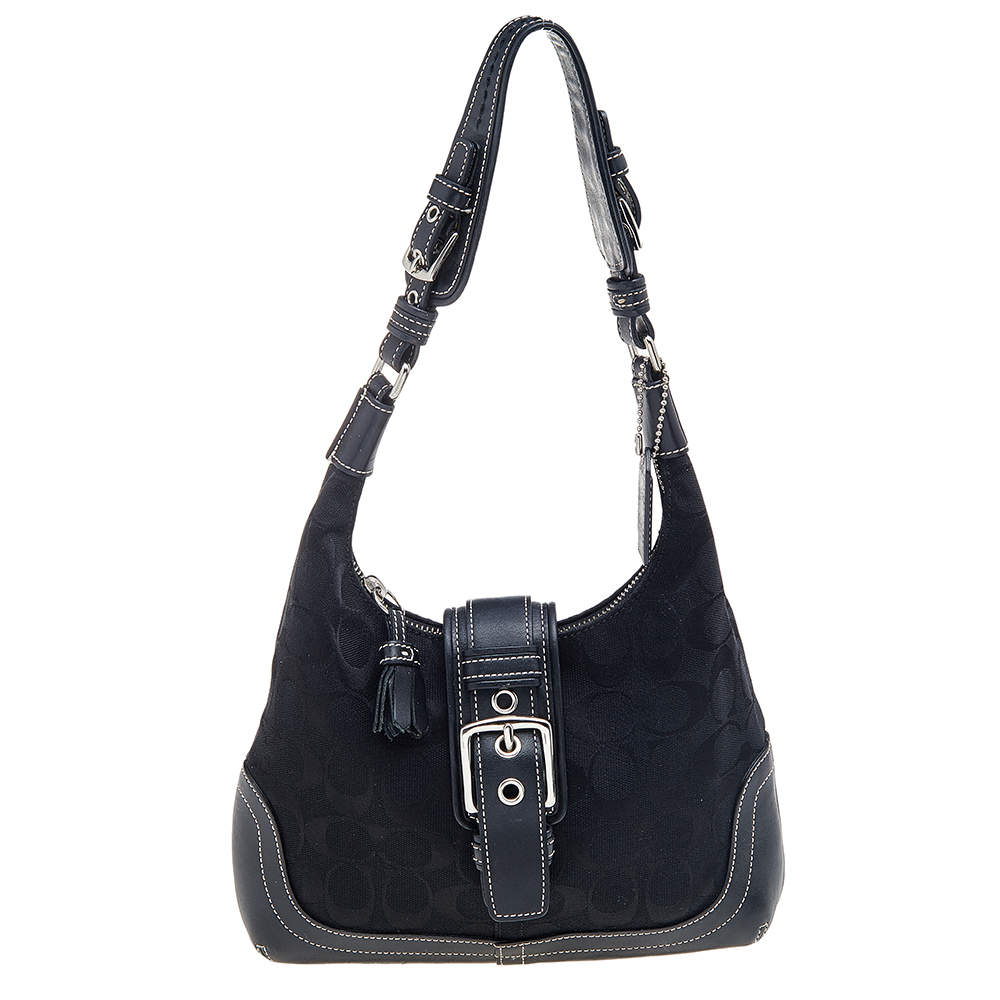 Pre Owned Coach Black Signature Canvas And Leather Buckle Hobo 