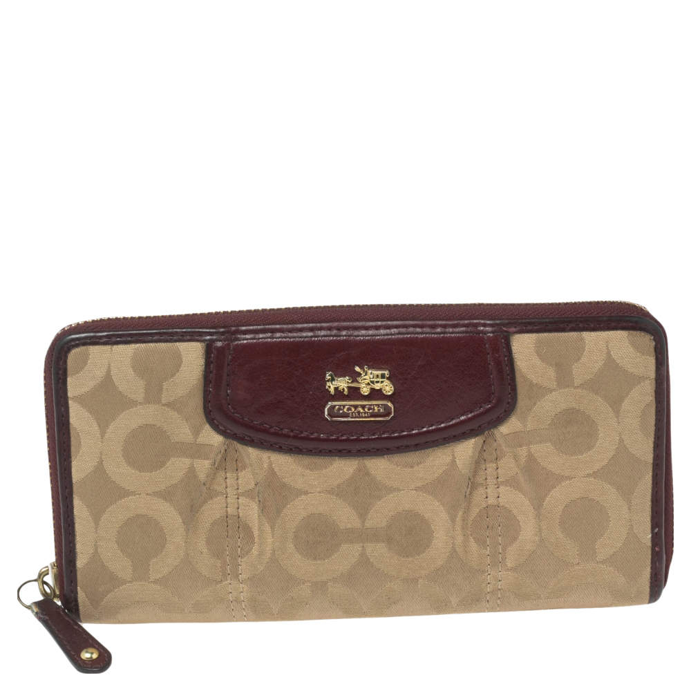 Coach Burgundy/Brown Op Art Fabric and Leather Madison Continental Wallet