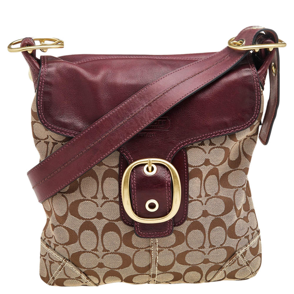 Pre Owned Coach Beige/Maroon Canvas and Leather Crossbody Bag