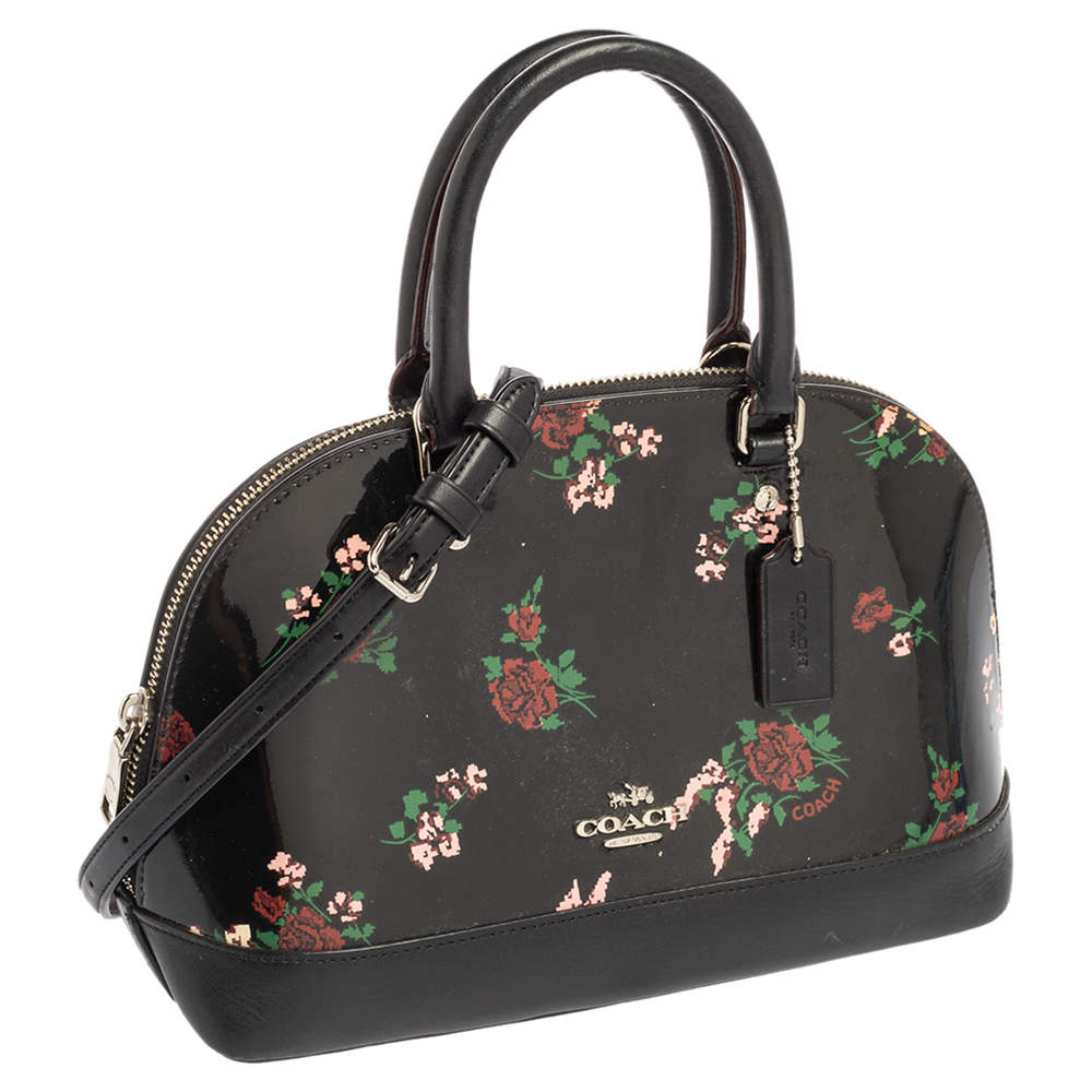 Coach Mini Sierra Satchel in Black Patent Leather with Floral