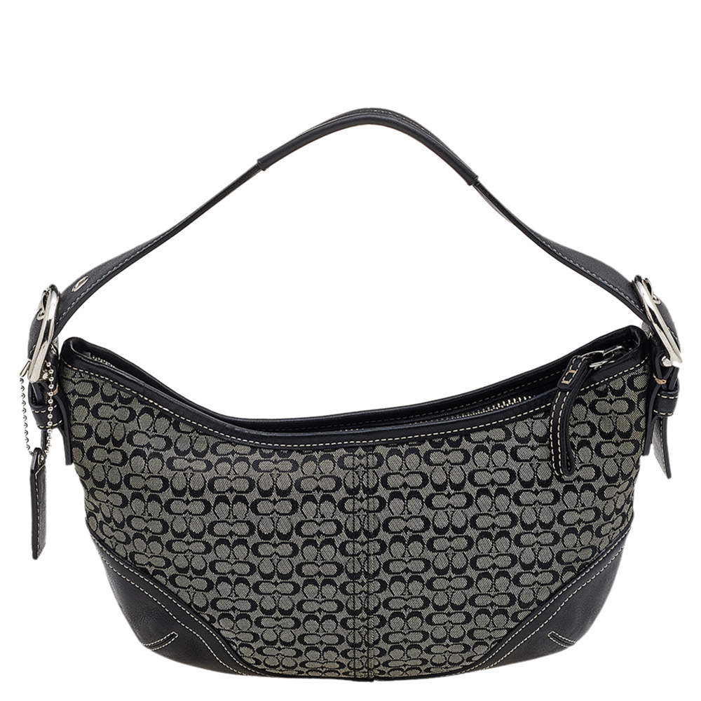 Coach Black Signature Canvas And Leather Buckle Hobo