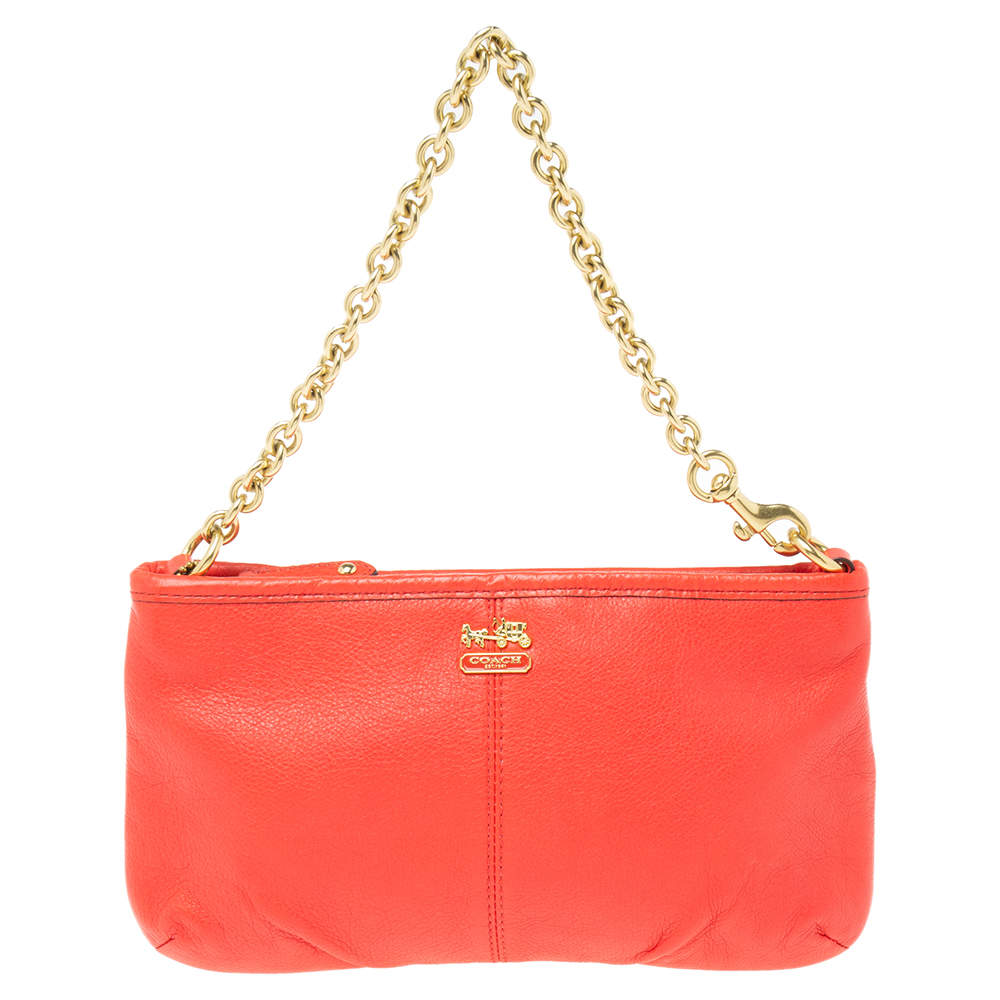 Pre Owned Coach Coral Orange Leather Mini Chain Pochette 