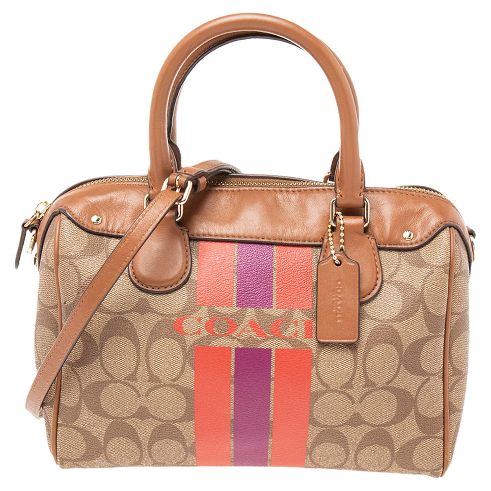Pre Owned Coach Brown Signature Varsity Stripe Coated Canvas Mini Bennett Satchel