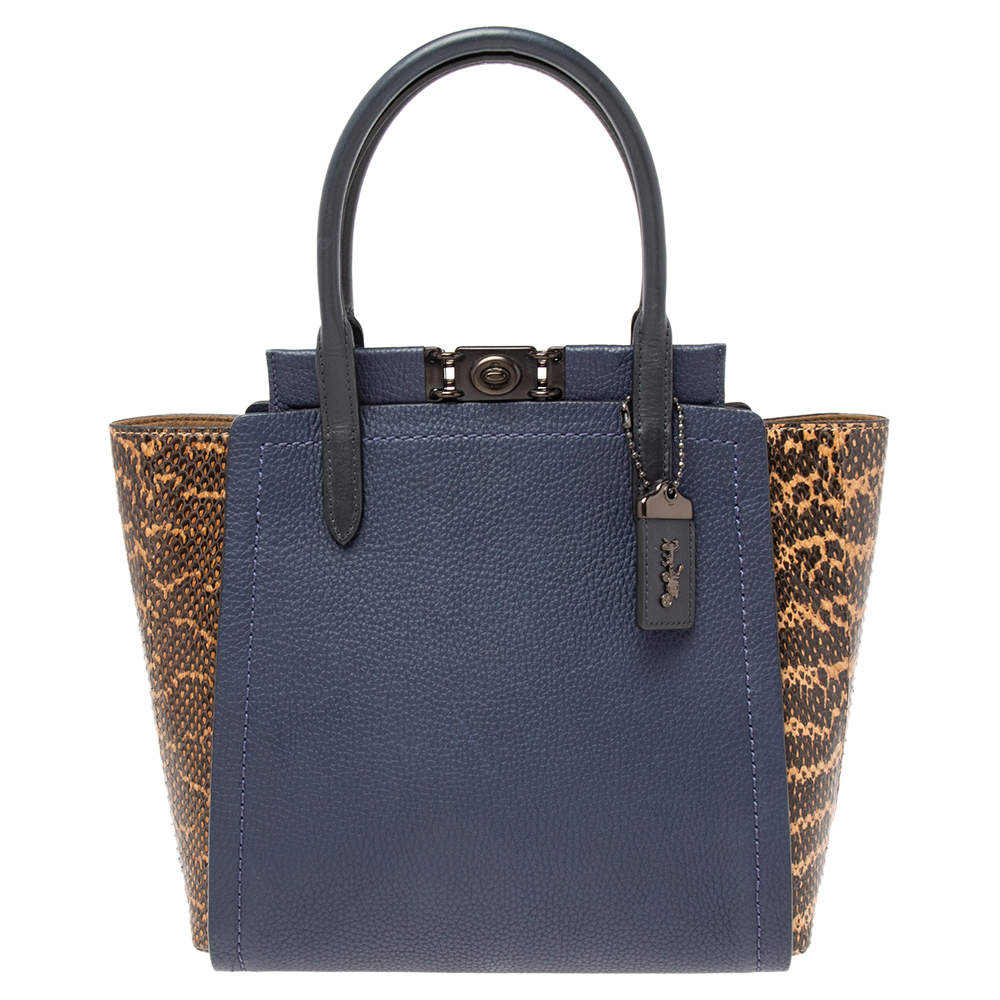Pre Owned Coach Navy Blue/Brown Leather And Water Snakeskin Troupe Tote