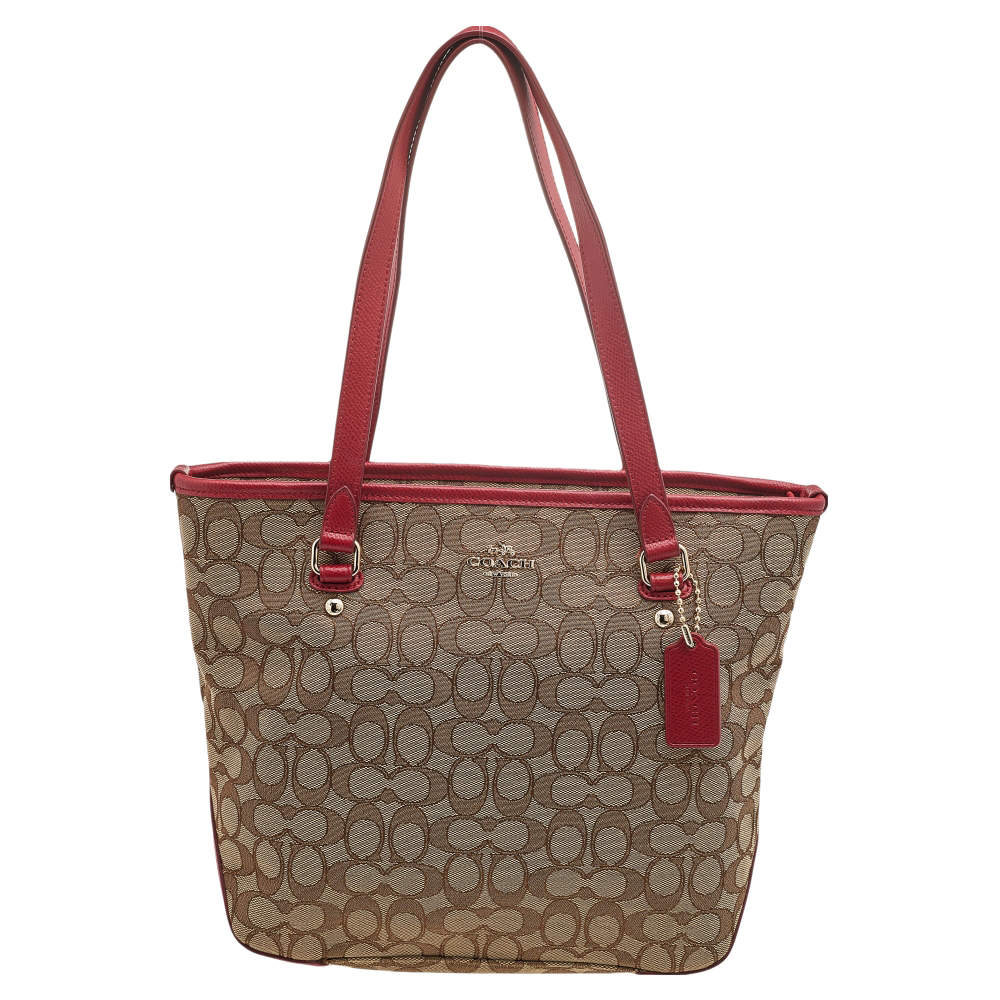 Pre Owned Coach Beige/Red Signature Canvas And Leather Trim Tote