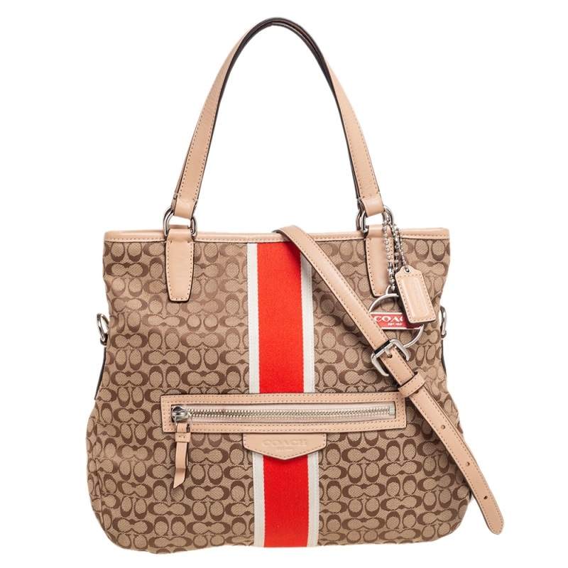 Coach Beige/Brown Signature Canvas And Leather Web Detail Tote