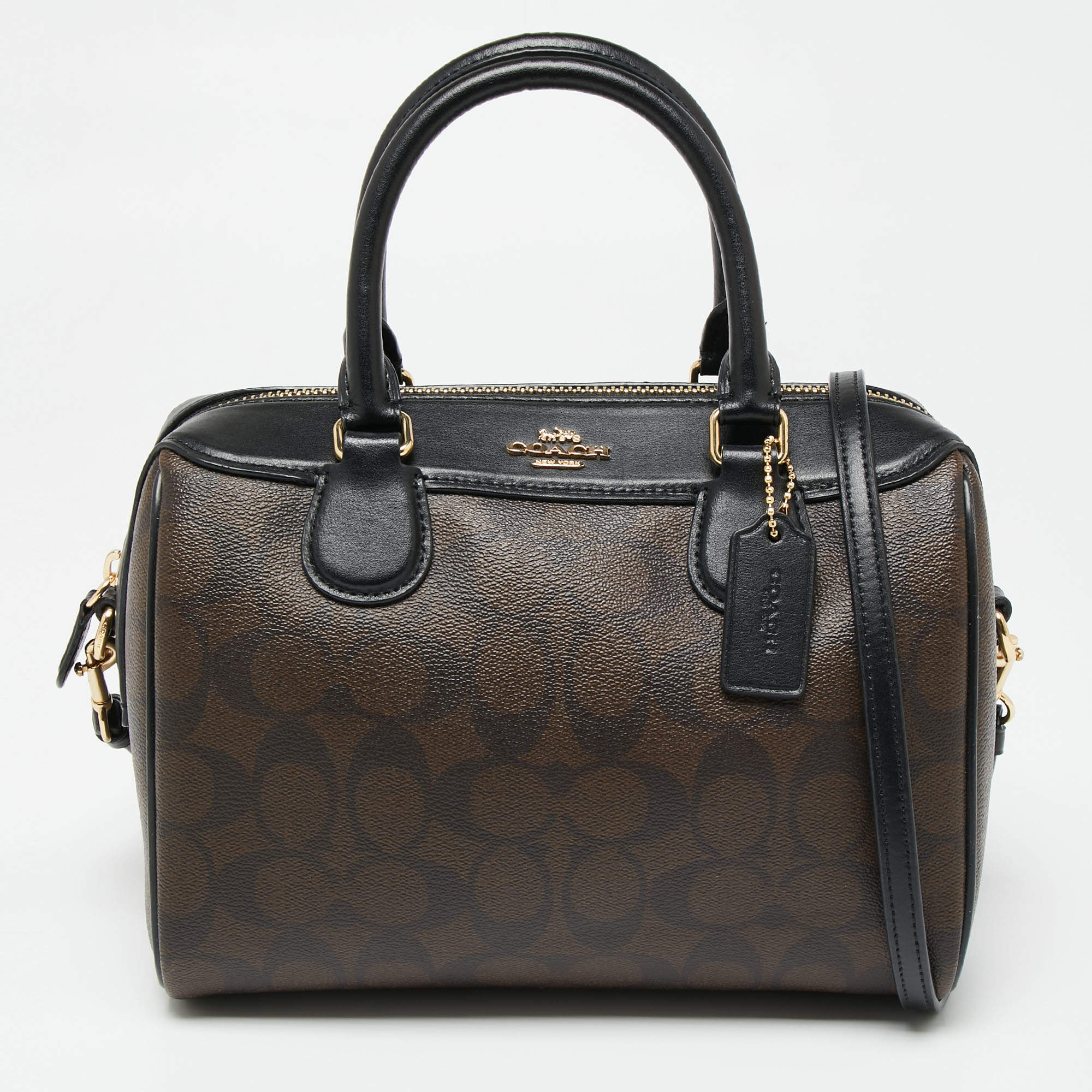 Coach Black/Brown Signature Coated Canvas And Leather Boston Bag