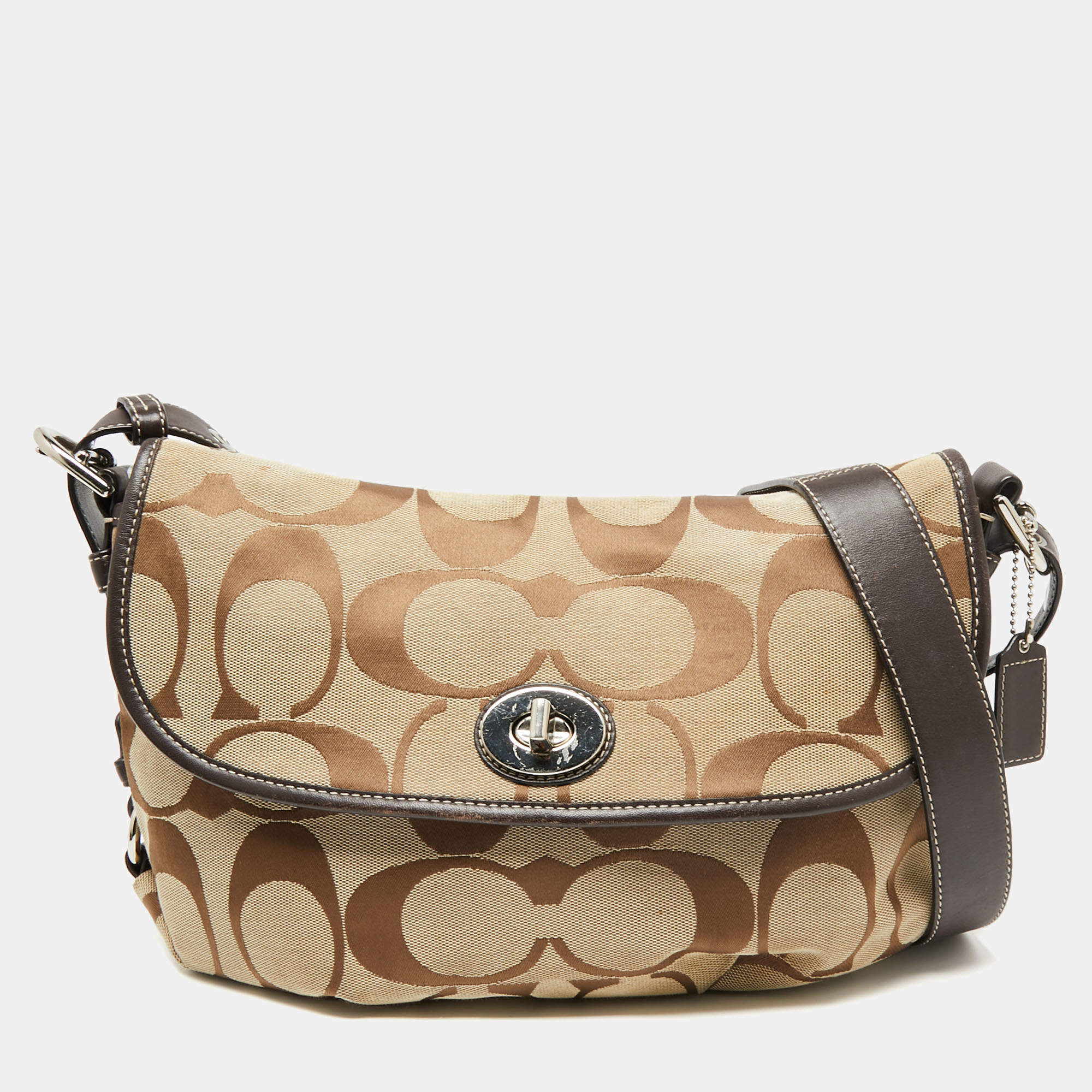 Coach Beige/Dark Brown Signature Canvas and Leather Turnlock Flap Crossbody Bag