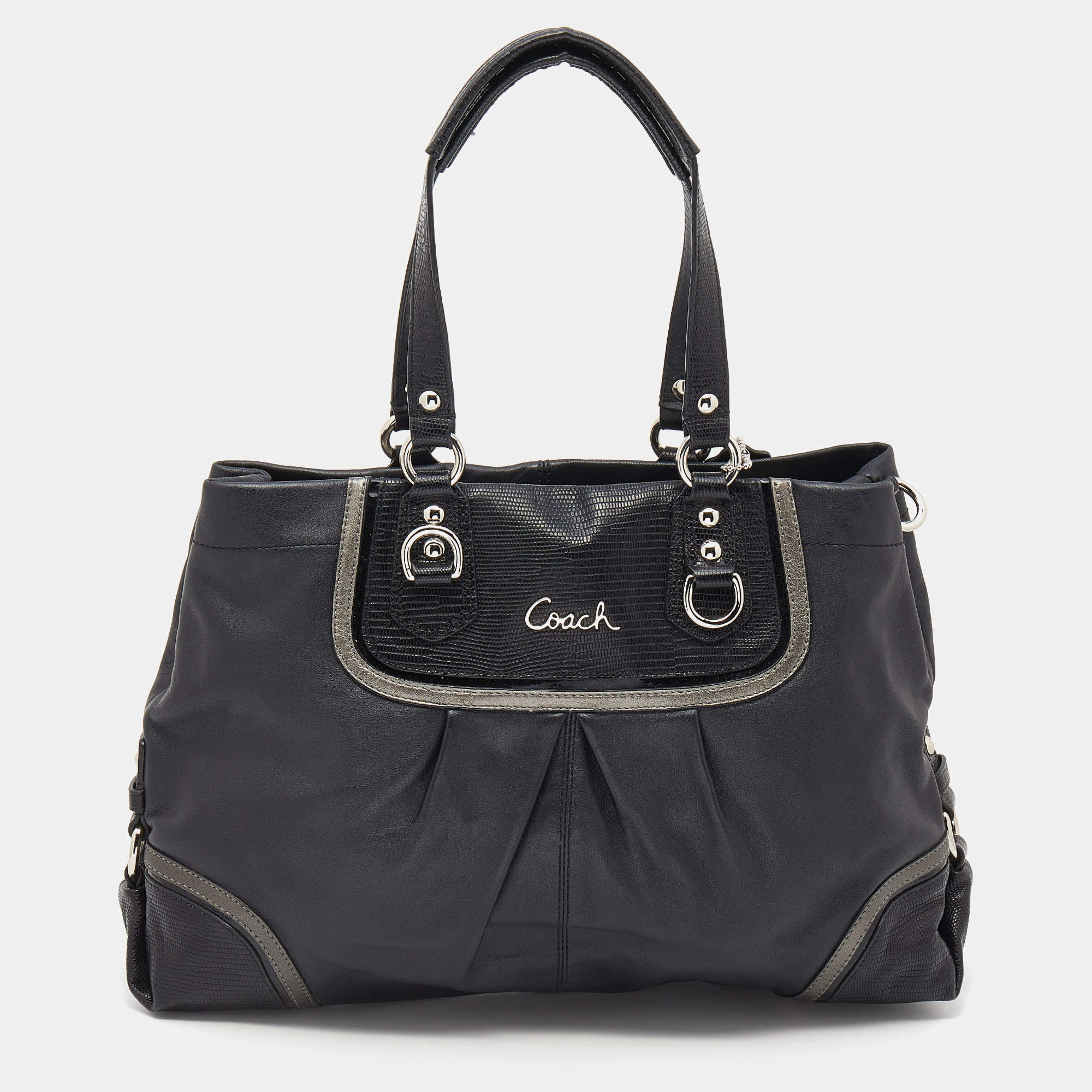 Pre Owned Coach Black Leather and Lizard Embossed Leather Ashley Tote