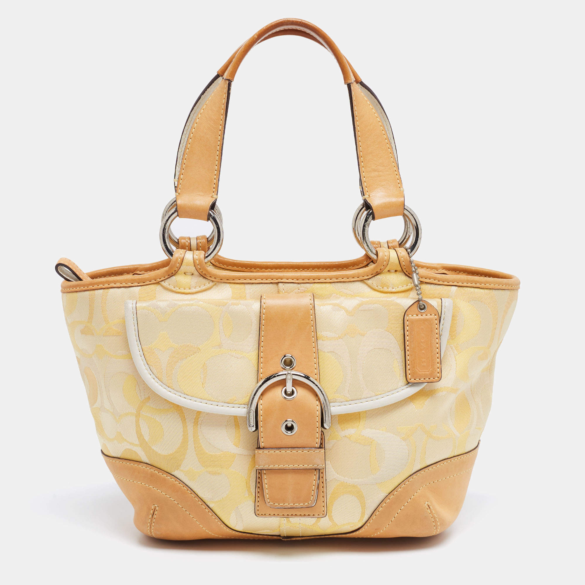 Pre Owned Coach Yellow/White Signature Fabric and Leather Soho Optic Hobo