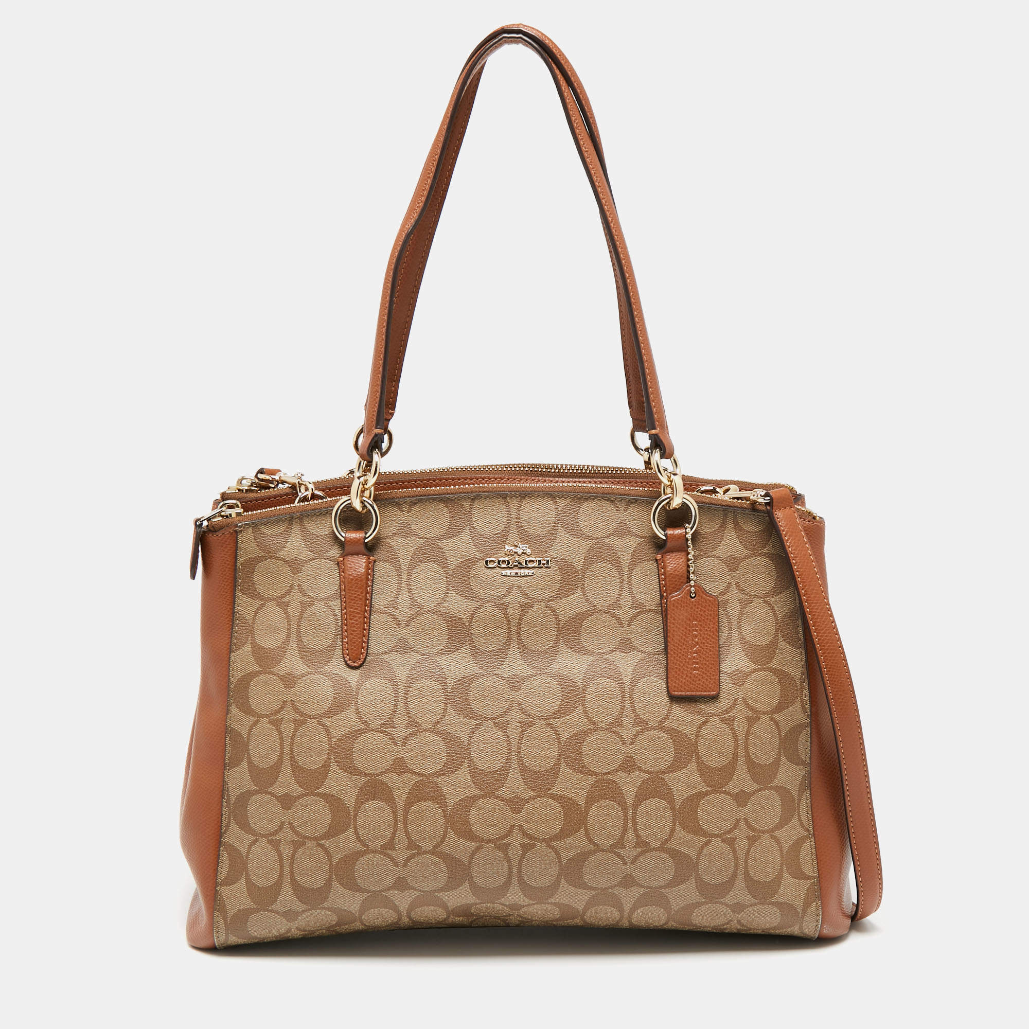 Pre Owned Coach Beige/Tan Coated Canvas and Leather Christie Carryall Shoulder Bag