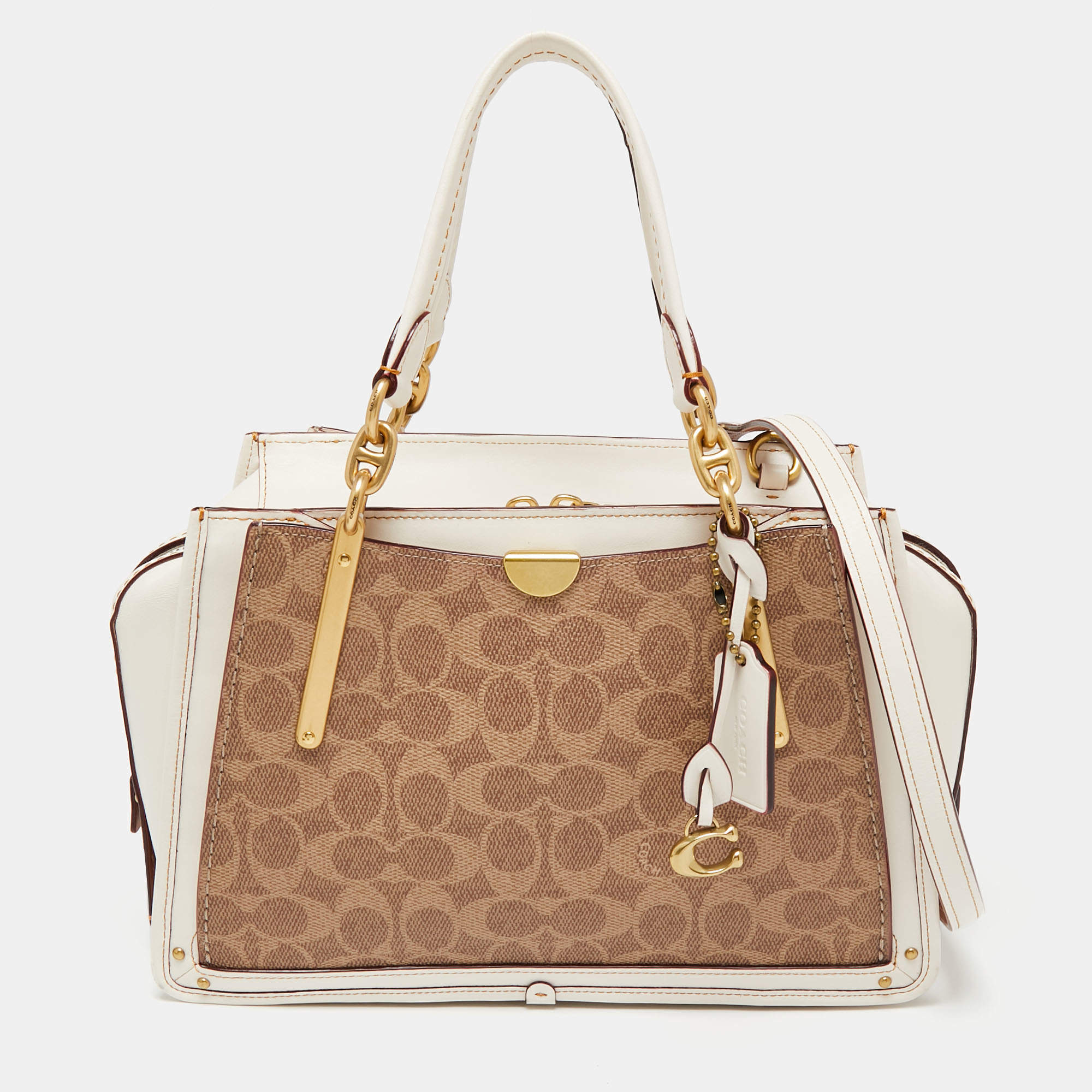 Pre Owned حقيبة ساتشل كوتش دريمر كانفاس مقوى شعار الماركة وجلد أوف وايت / بيج 