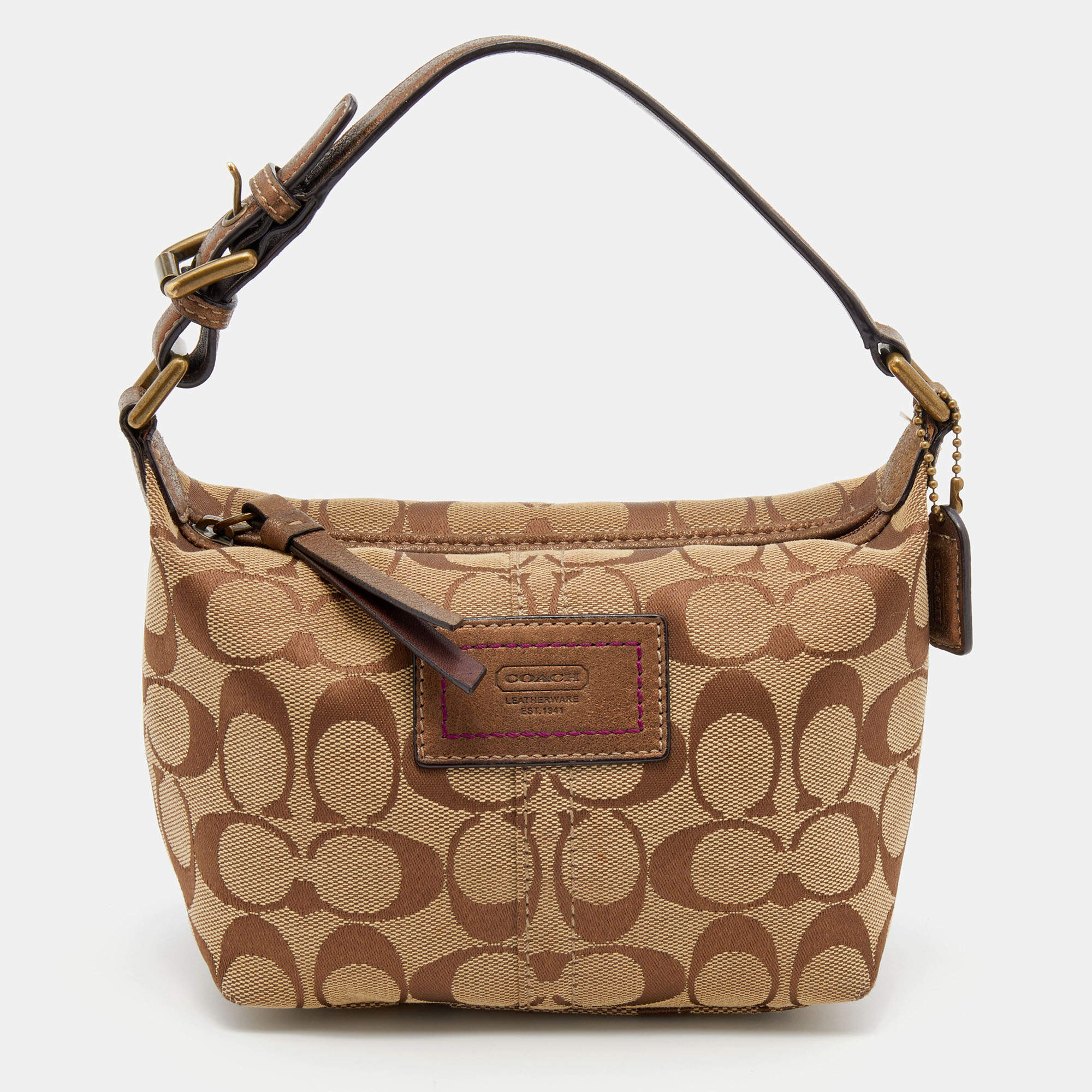 Coach Beige/Bronze Signature Canvas and Leather Baguette Bag