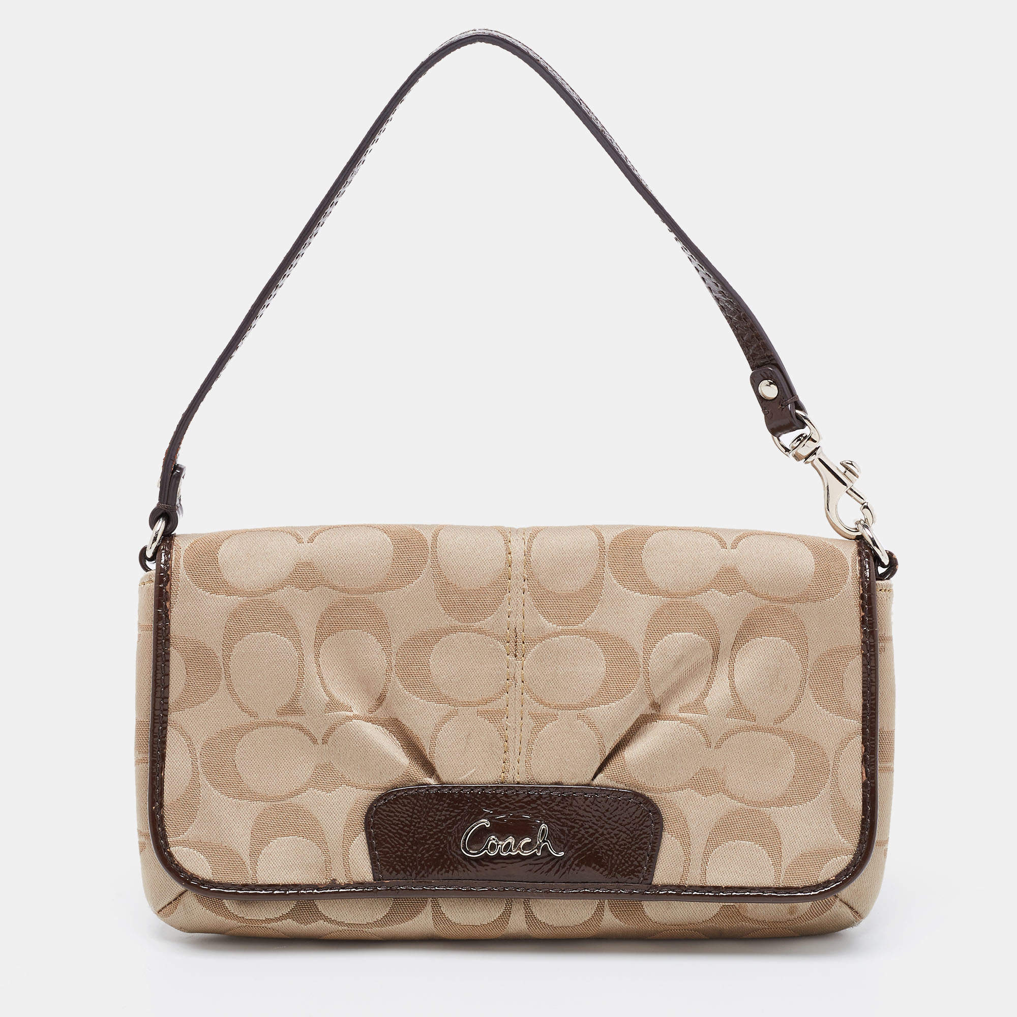 Coach Beige/Dark Brown Signature Canvas And Patent Leather Flap Baguette