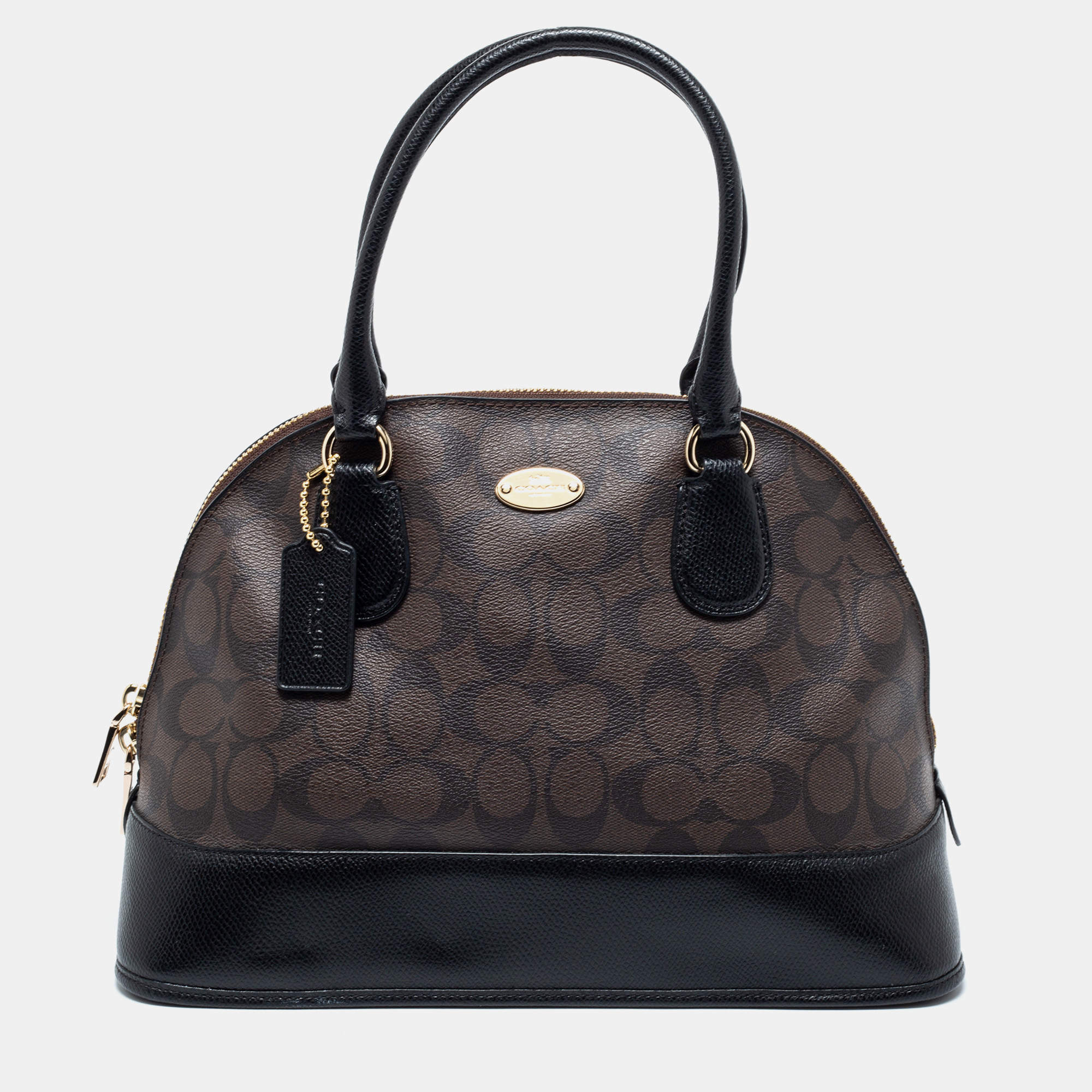 Coach Brown/Black Signature Coated Canvas and Leather Cora Satchel